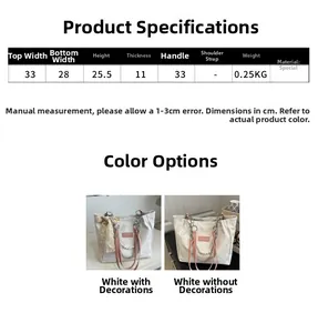 Size chart showing precise dimensions and lightweight specs for the stylish tote bag