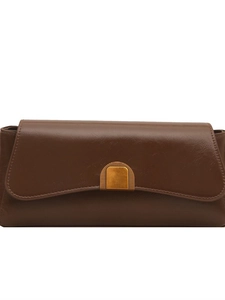 Sac baguette rétro en cuir marron avec élégante boucle en métal doré pour femmes