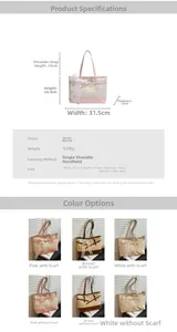 Detailed size specifications and color options for large straw woven tote bags