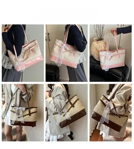 Detailed views of large straw tote bag with lace bow and faux leather拼接 trim