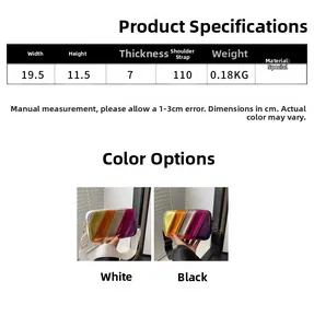 Detailed size chart and dimensions for iridescent rainbow crossbody bags in black and white