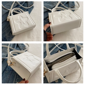 Detailed views of white square handbag with star embossing and interior storage compartments