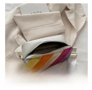 Detail of white camera bag with colorful gradient stripes and lychee grain texture