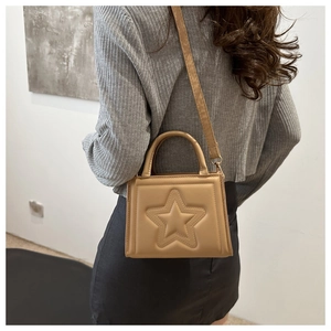 Khaki crossbody handbag with embossed star pattern and top handle for women