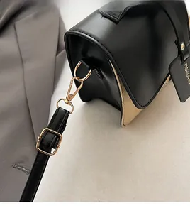 Detail of detachable gold-tone hardware and leather strap on color-block handbag