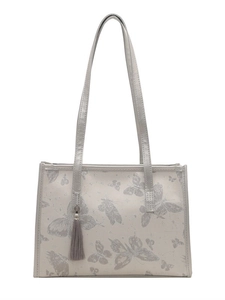 Modern light grey tote bag with silver butterfly patterns and elegant tassel detail