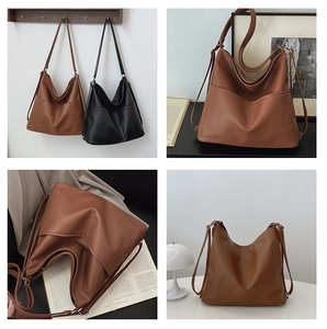 Macro detail of high-quality brown leather tote showing soft texture and side pocket