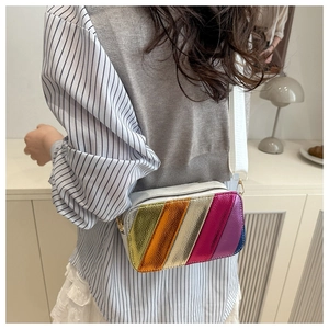 Détail d'un sac bandoulière stylé avec rayures métalliques et bandoulière tissée