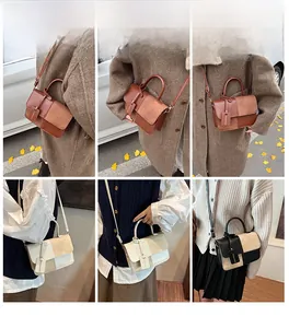 Collage of chic color-block crossbody bags in brown and beige on models from various angles
