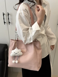 Pink chevron canvas tote bag with white cloud plush pendant for women stylish daily use