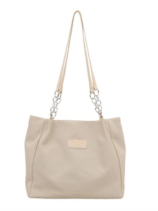 Cream canvas tote bag with textured twill fabric and silver chain shoulder straps