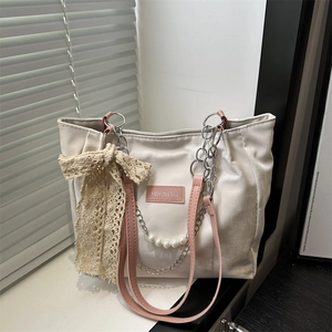 White large capacity tote bag with pink straps and lace bow decoration for women