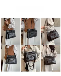 Collage of model wearing a large black leather tote bag with chain strap and silver lock