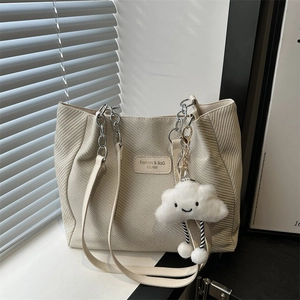 Women Corduroy Tote Bag Large Capacity Shoulder Bag With Metal Chain Strap And Cloud Plush Charm Urban Casual Handbag