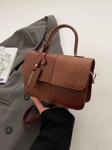 Retro Contrast Color Crossbody Bag PU Leather Suede Splicing Small Square Handbag With Top Handle For Women