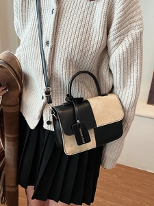 Retro contrast checkerboard mini square bag with leather handle and shoulder strap