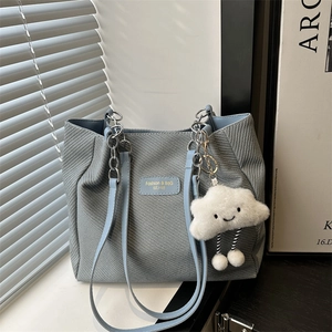 Large Capacity Corduroy Tote Bag For Women With Cloud Plush Charm Chain Strap Shoulder Crossbody Bag Casual Handbag