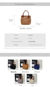 Guide des tailles montrant les dimensions du sac fourre-tout minimaliste en cinq couleurs