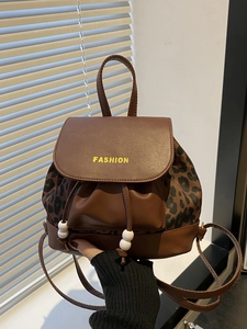 Retro Leopard Print Mini Backpack Women Fashion PU Leather Contrast Color Drawstring Small Rucksack For School Travel Daily Use