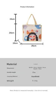 Detailed size chart of a canvas tote bag showing dimensions 26x24x10cm and cute graphics