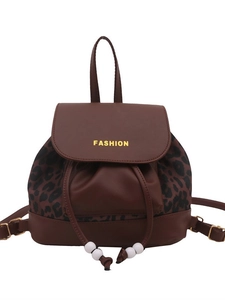 Retro brown leopard print bucket backpack with leather trim and drawstring closure
