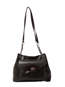 Chic dark brown faux leather tote bag with silver chain strap and metal lock closure