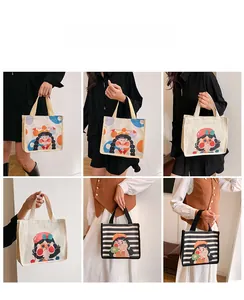Detail view of canvas lunch bag with cartoon illustration in six-grid layout display