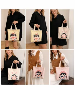 Detailed views of cute cartoon girl illustration canvas bucket bags in multiple colors