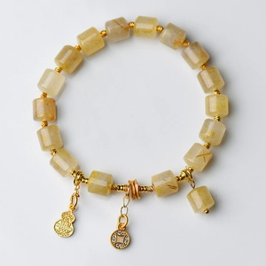 Natur Gold Rutilquarz Armband Mit Zylinderperlen Legierung Geringelter Anhänger Retro Ethno Stil Für Damen