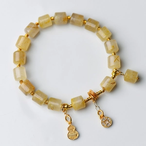 8mm Natur Goldrutilequarz Armband mit Tonnenschliff Perlen und goldenem Flaschenkürbis