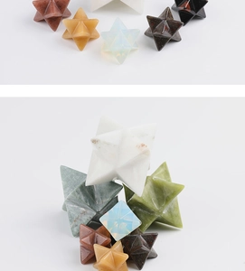 Detailed view of various natural crystal Merkaba stars in multiple sizes and gemstones