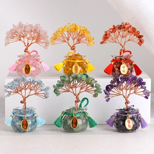 Árbol del Dinero de Cristal Natural Árbol de la Suerte de Piedra Base de Botella de Vidrio Borla Decoración de Escritorio Feng Shui