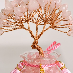 Árbol de la fortuna de cristal rosa hecho a mano en jarrón de cristal con borla de seda