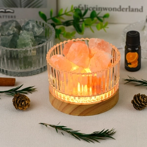 Natural Crystal Stone Aromatherapy Diffuser Lamp With USB Wooden Base Ribbed Glass Bowl Night Light For Home Office Healing Gift