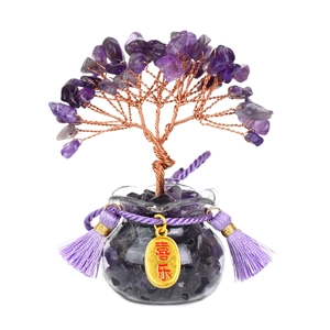 Árbol de la fortuna de amatista natural en frasco de vidrio con dije dorado