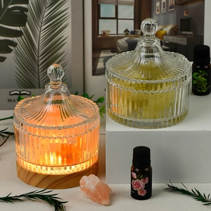 Natural citrine crystal aromatherapy lamp in striped glass bowl with warm LED wood base