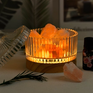 Natural yellow crystal stone aroma lamp with glass bowl and warm light wooden base