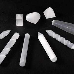 Natural white selenite crystal collection with heart, pyramid and spiral energy wands