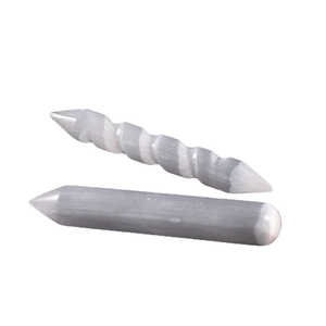 Natural white selenite healing crystal set with spiral wand and cylindrical massage stone
