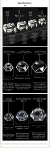 Size chart for acrylic and glass crystal ball stands in square and hexagonal shapes