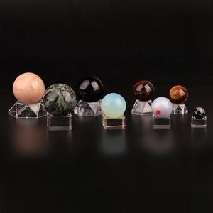 Set of 8 natural crystal stone spheres with transparent acrylic geometric display stands