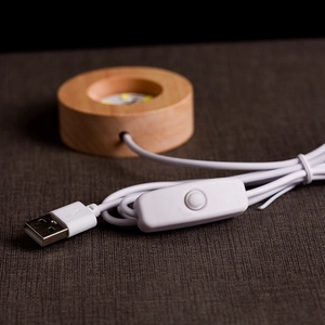 Round wooden LED light base with USB cable and integrated switch for crystal ball