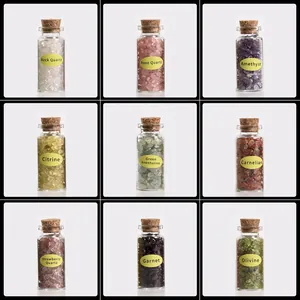 Set of 9 crystal wishing bottles with natural gemstone chips in corked glass jars