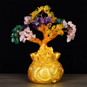 Crystal Money Tree Feng Shui Bonsai Citrine Amethyst Wealth Luck Decor With Lucky Money Bag Base For Home Office Table Ornament