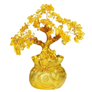 Golden citrine crystal money tree with traditional feng shui money bag base for wealth
