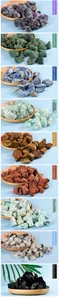 Macro display of nine natural raw crystal stones including amethyst and fluorite in wood trays