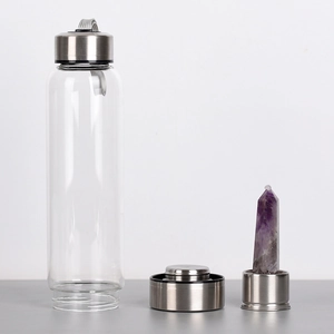 Crystal energy glass water bottle with amethyst pillar and stainless steel components
