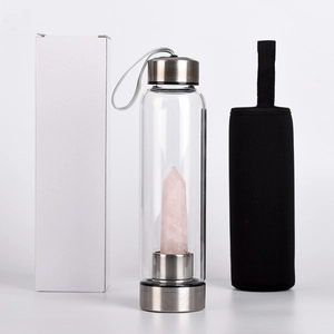 Rose quartz crystal infusion glass water bottle with stainless steel base and protective sleeve