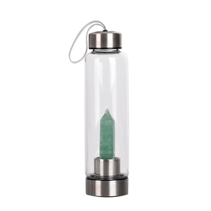 Men's natural green crystal energy glass water bottle with stainless steel base and strap