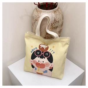 Secchiello in tela beige con illustrazione di ragazza cartone animato e manici larghi